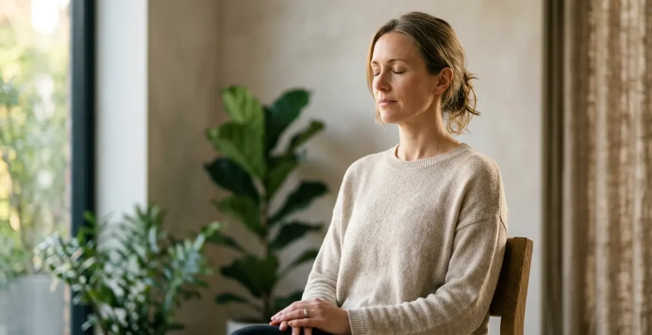 Person practicing cardiac coherence breathing in a calm environment with natural lighting