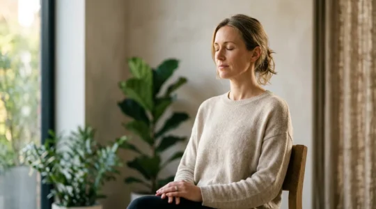 Person practicing cardiac coherence breathing in a calm environment with natural lighting