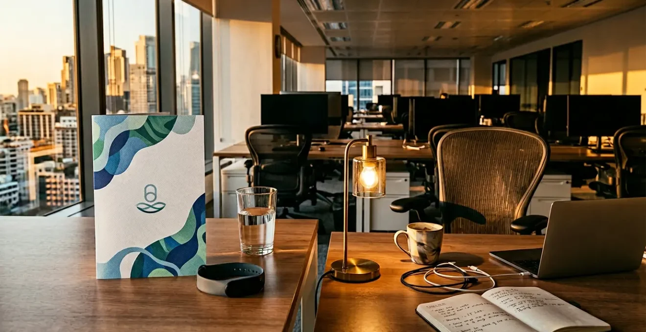 Professional workspace showing wellness initiative materials with natural lighting and intentional negative space
