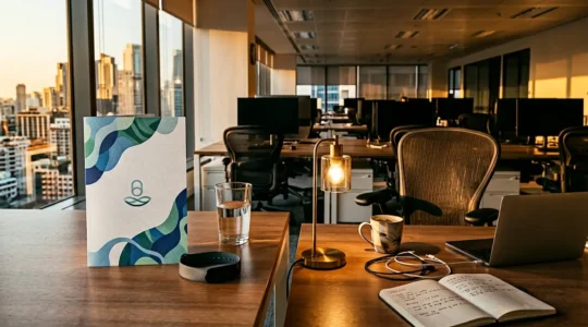 Professional workspace showing wellness initiative materials with natural lighting and intentional negative space
