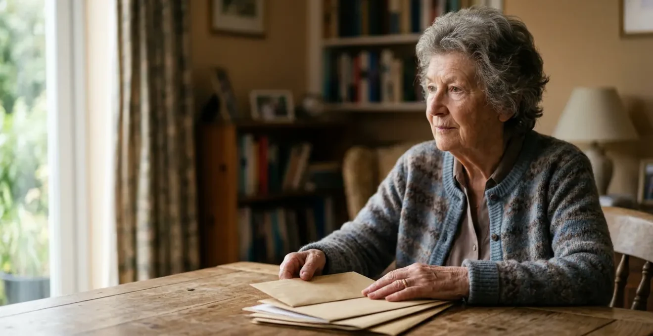 Elderly person reviewing important documents at home with natural lighting creating a contemplative atmosphere