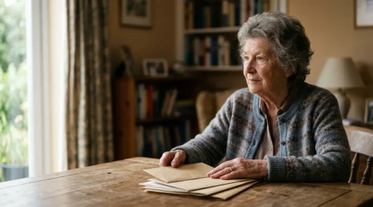 Elderly person reviewing important documents at home with natural lighting creating a contemplative atmosphere