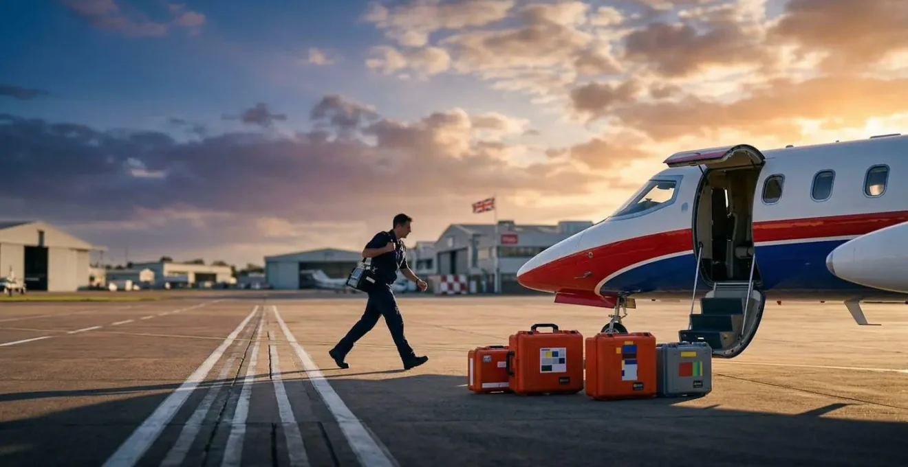 UK traveler facing medical emergency abroad with air ambulance preparation symbolizing international medical repatriation