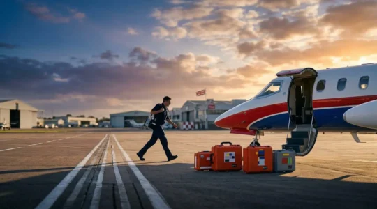 UK traveler facing medical emergency abroad with air ambulance preparation symbolizing international medical repatriation