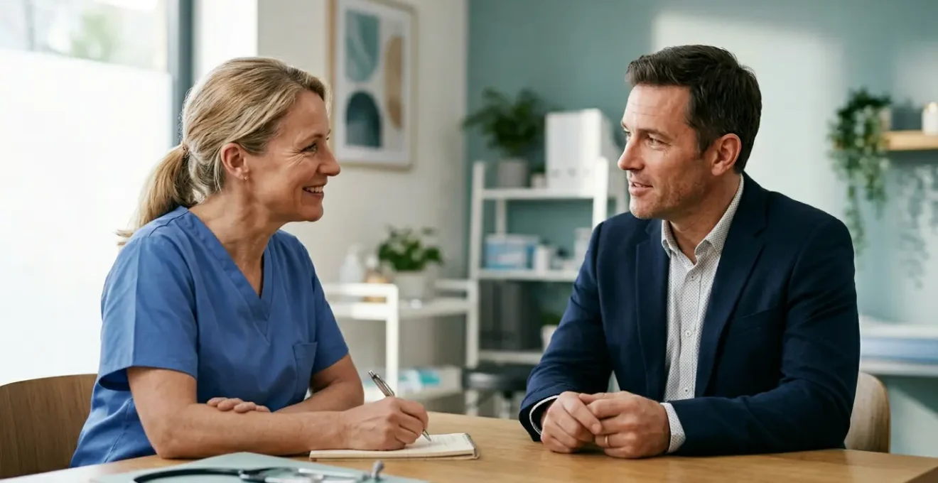 Patient and GP engaged in collaborative healthcare consultation showing mutual respect and effective communication