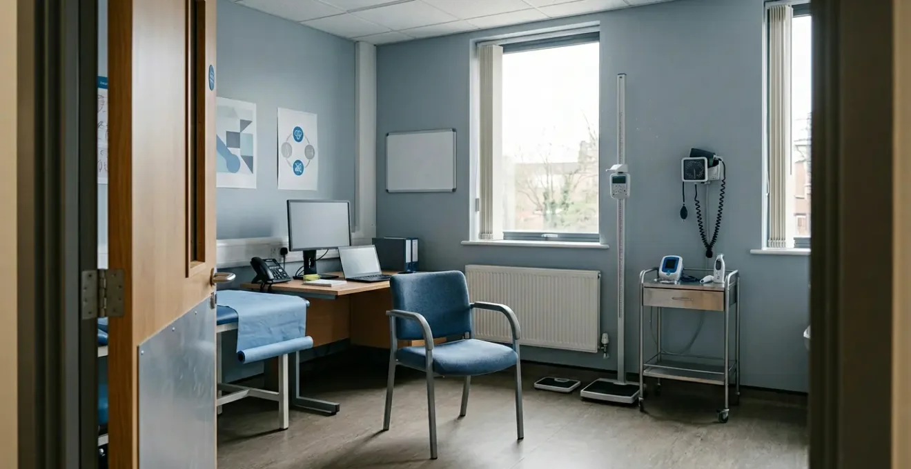 Empty NHS health check consultation room with unused medical equipment representing the gap between available preventive care and low uptake