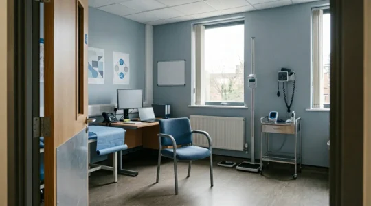Empty NHS health check consultation room with unused medical equipment representing the gap between available preventive care and low uptake