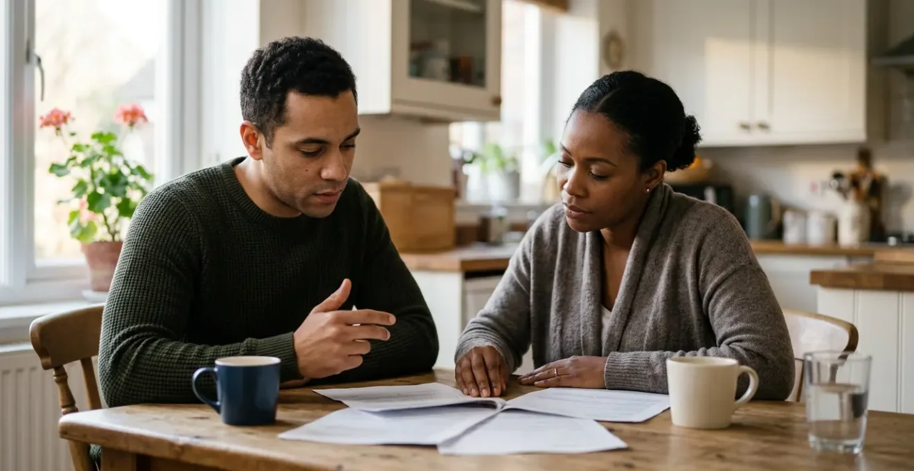 Family reviewing health insurance documents at home with thoughtful expressions