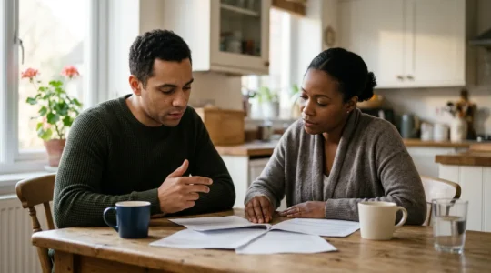 Family reviewing health insurance documents at home with thoughtful expressions