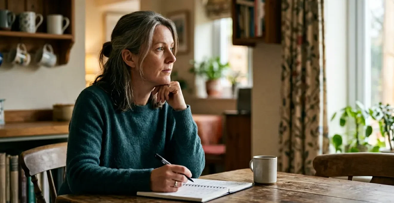 A person reviewing documents at a home table while thoughtfully considering domestic care options