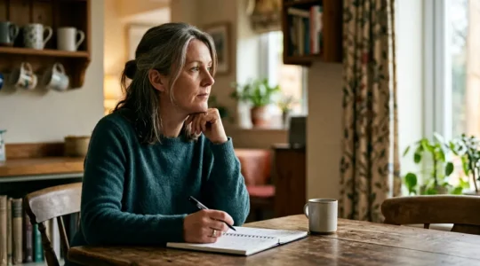 A person reviewing documents at a home table while thoughtfully considering domestic care options