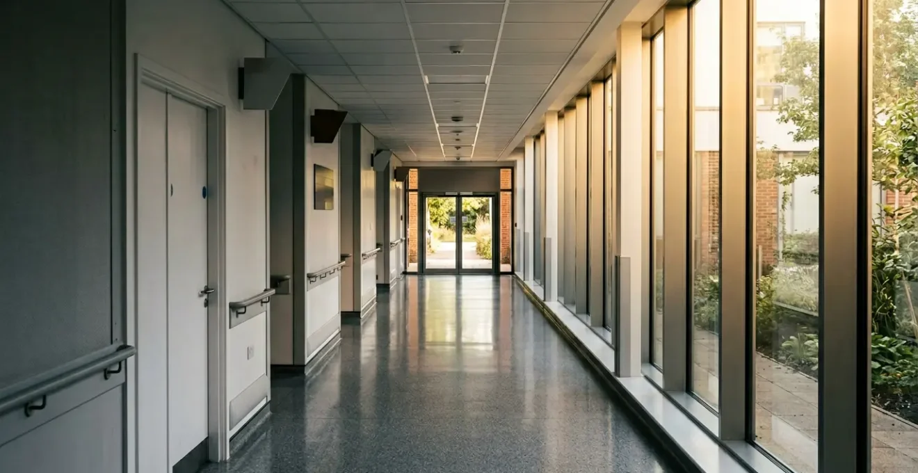 Empty hospital corridor with directional signs pointing toward exit and community care, photographed during golden hour with natural light streaming through windows
