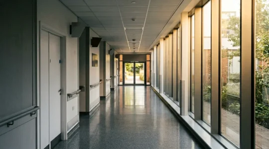 Empty hospital corridor with directional signs pointing toward exit and community care, photographed during golden hour with natural light streaming through windows