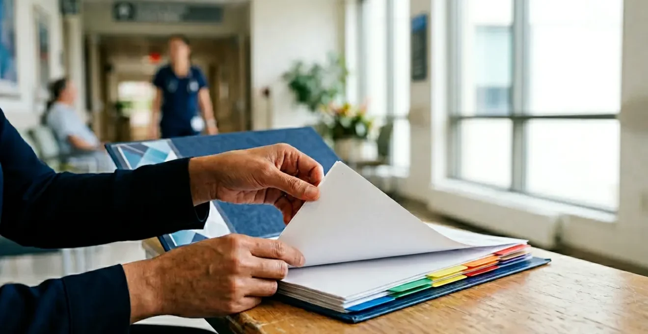 Patient reviewing medical documents with organized folder in calm hospital environment