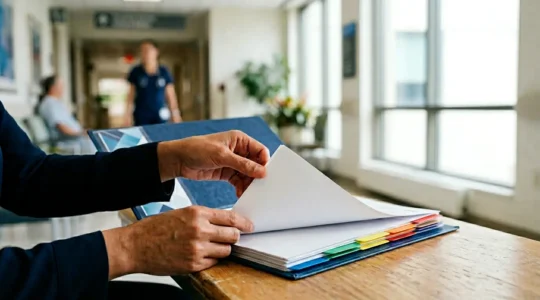 Patient reviewing medical documents with organized folder in calm hospital environment