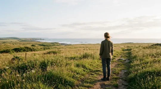 A serene wide-angle photograph depicting a person in a contemplative state surrounded by natural elements symbolizing health and wellness