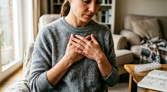 Close-up of hands performing self-assessment during health concern at home