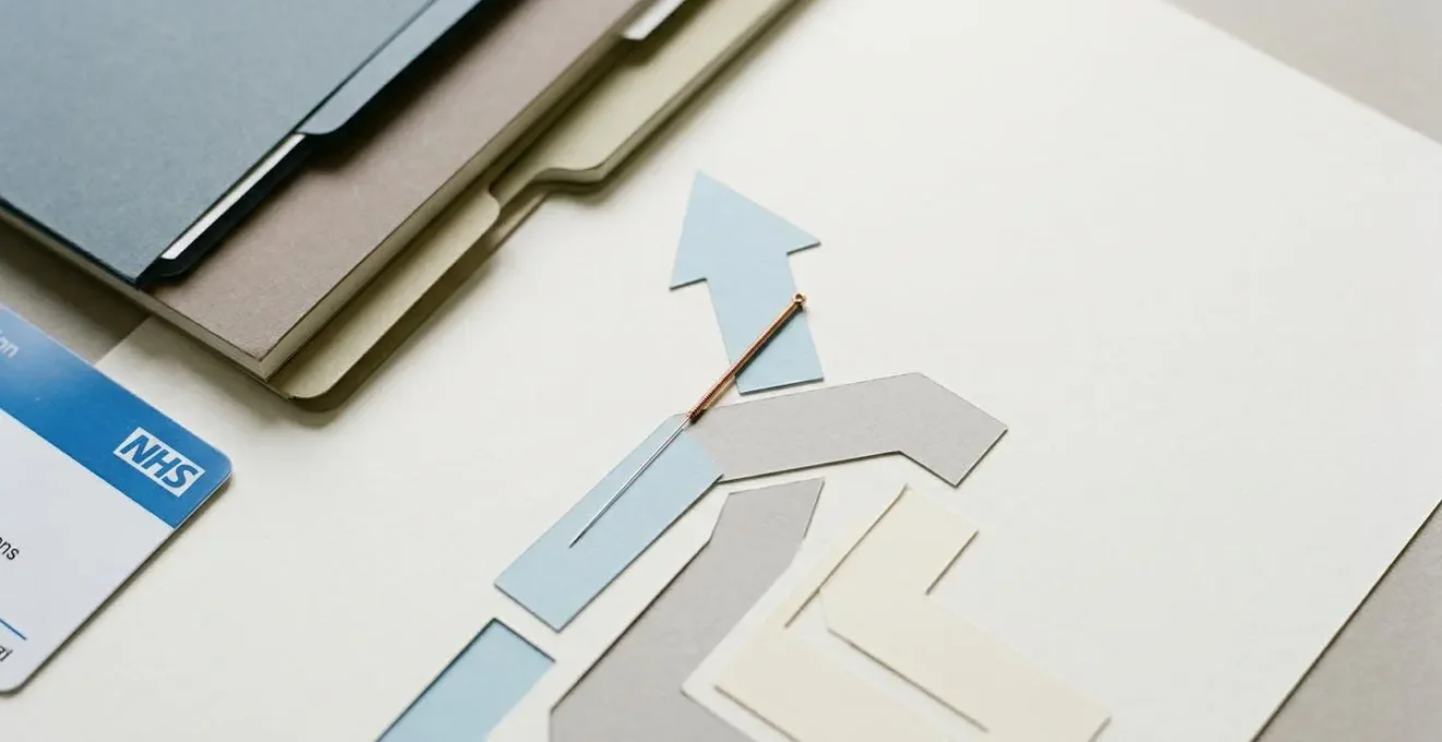 Strategic healthcare planning scene showing insurance documentation and wellness pathway decisions