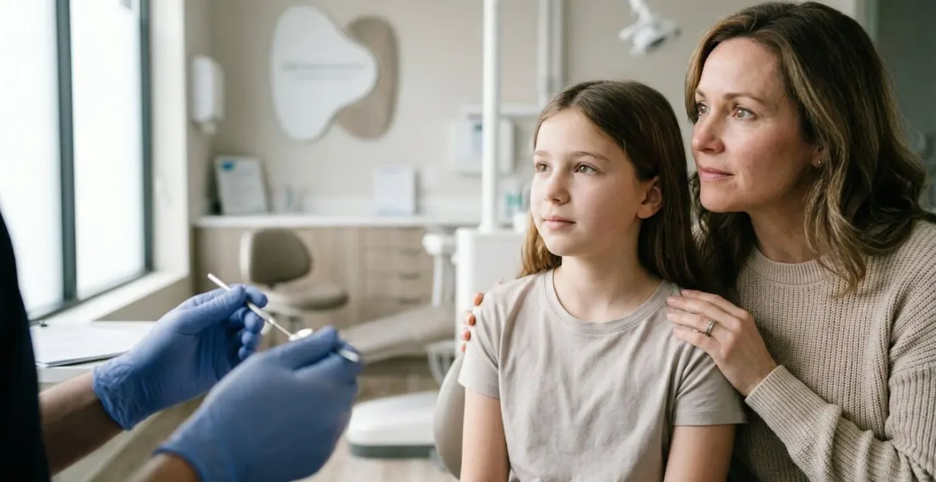 Parent consulting with orthodontist about child's dental health needs and treatment options