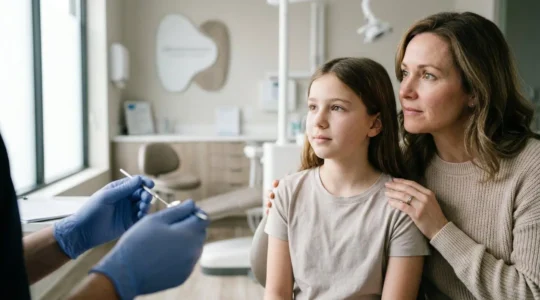 Parent consulting with orthodontist about child's dental health needs and treatment options