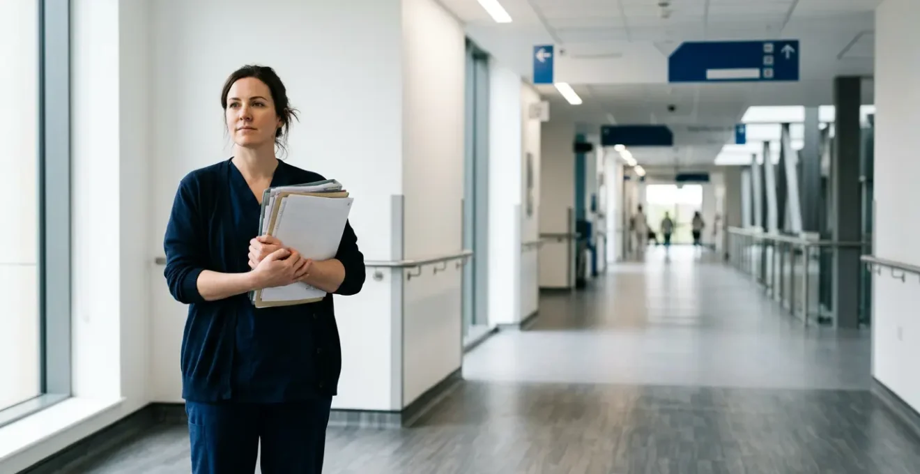 Patient standing at healthcare crossroads reviewing treatment pathway options