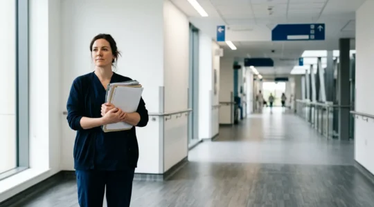 Patient standing at healthcare crossroads reviewing treatment pathway options