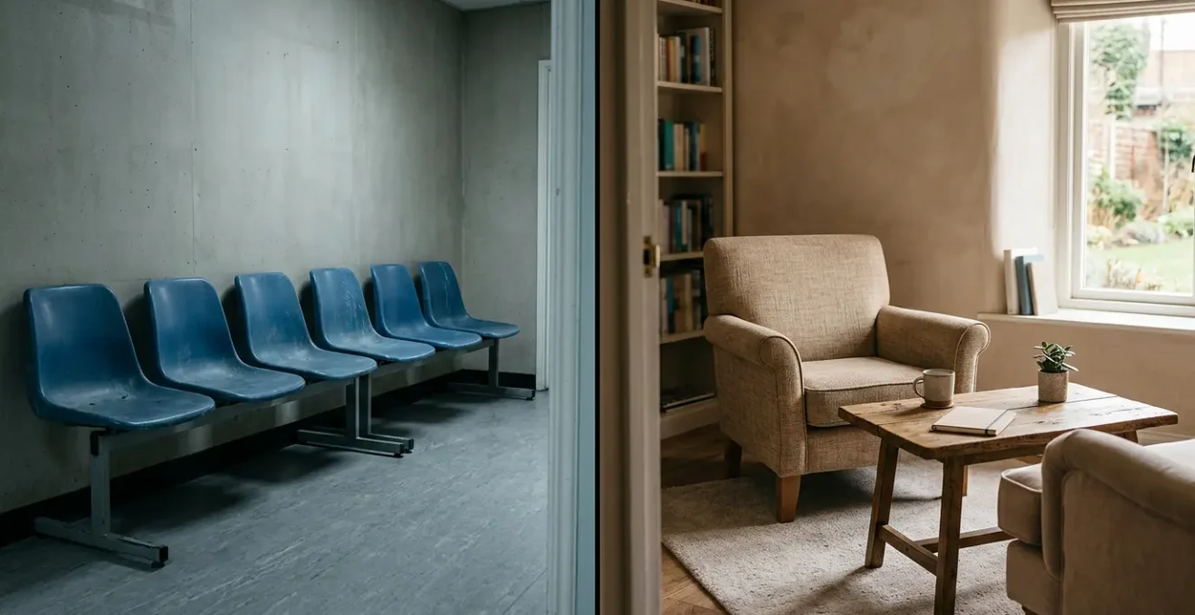 Empty NHS waiting room chairs juxtaposed with a private consultation space showing the access divide in UK mental healthcare