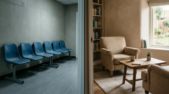 Empty NHS waiting room chairs juxtaposed with a private consultation space showing the access divide in UK mental healthcare