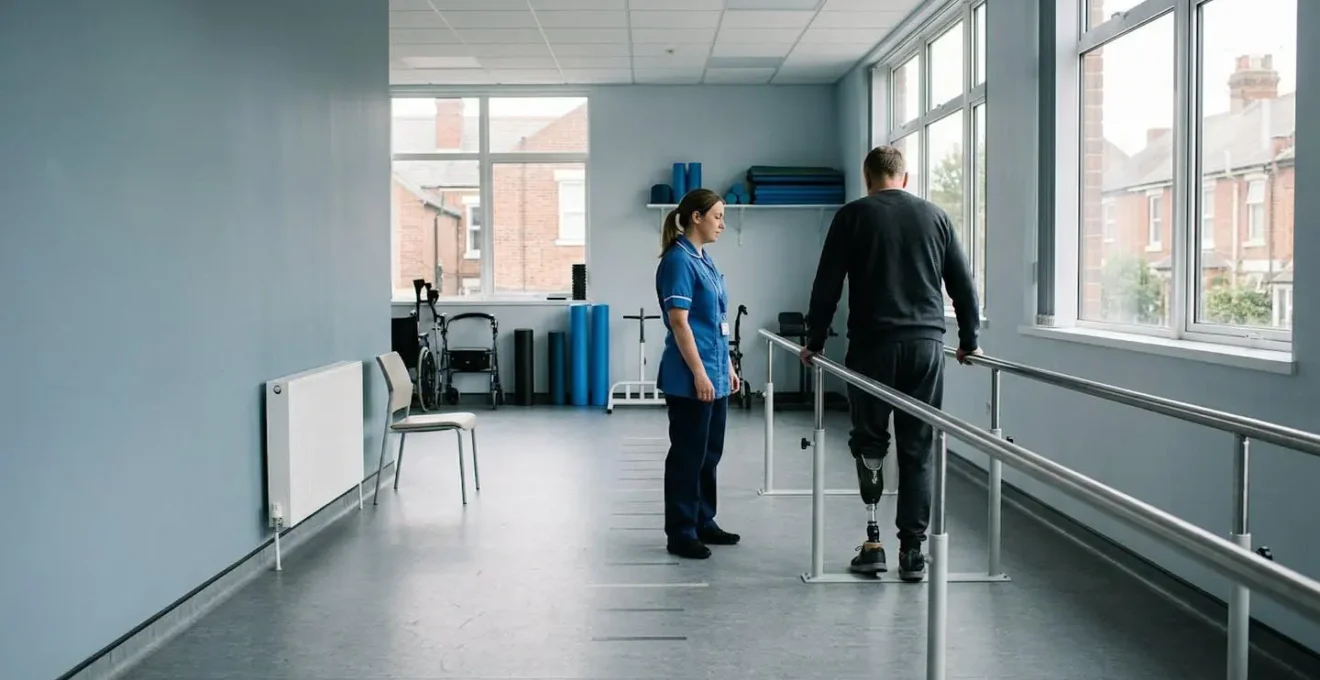 Healthcare professional conducting mobility assessment with prosthetic limb patient in modern NHS rehabilitation facility
