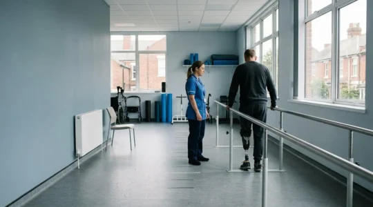 Healthcare professional conducting mobility assessment with prosthetic limb patient in modern NHS rehabilitation facility