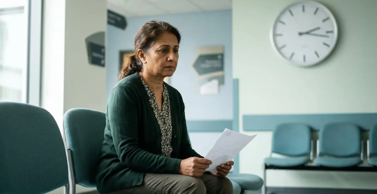 Anxious patient waiting in sparse NHS clinic with emphasis on time passing for urgent specialist appointment