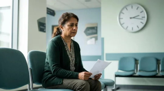 Anxious patient waiting in sparse NHS clinic with emphasis on time passing for urgent specialist appointment