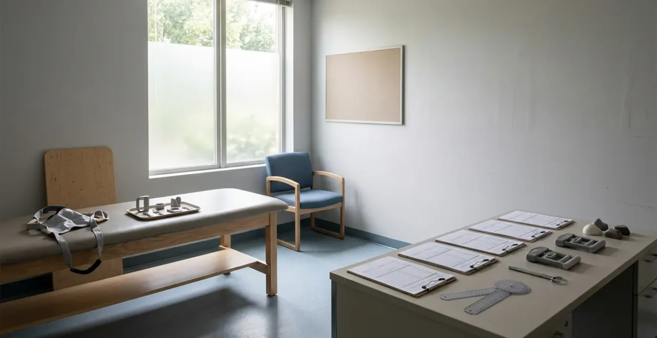 Empty clinical assessment room with adult-sized mobility equipment and occupational therapy evaluation tools on desk showing contrast between pediatric and adult healthcare access