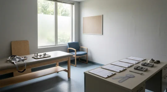 Empty clinical assessment room with adult-sized mobility equipment and occupational therapy evaluation tools on desk showing contrast between pediatric and adult healthcare access