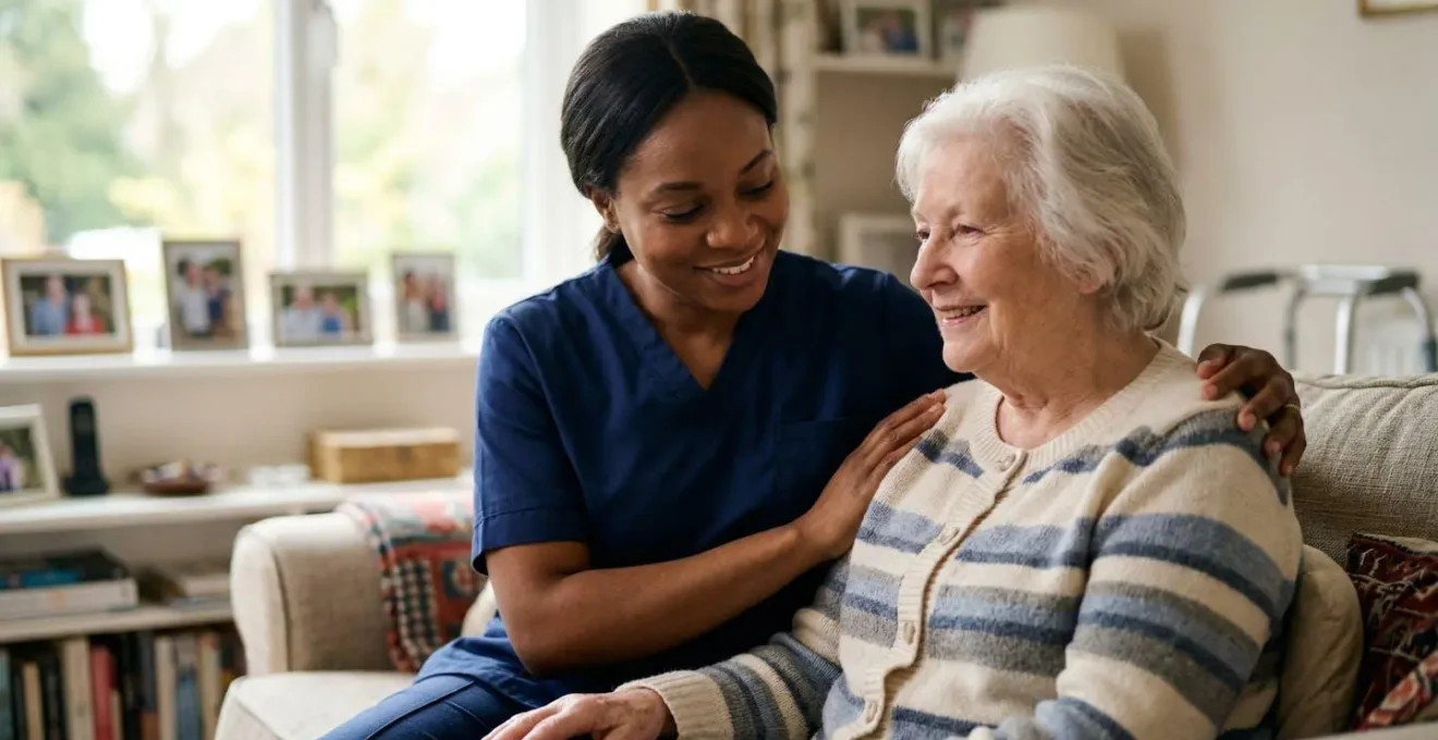 Person recovering at home after surgery receiving assistance from caregiver in natural domestic setting