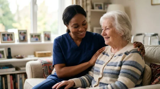 Person recovering at home after surgery receiving assistance from caregiver in natural domestic setting
