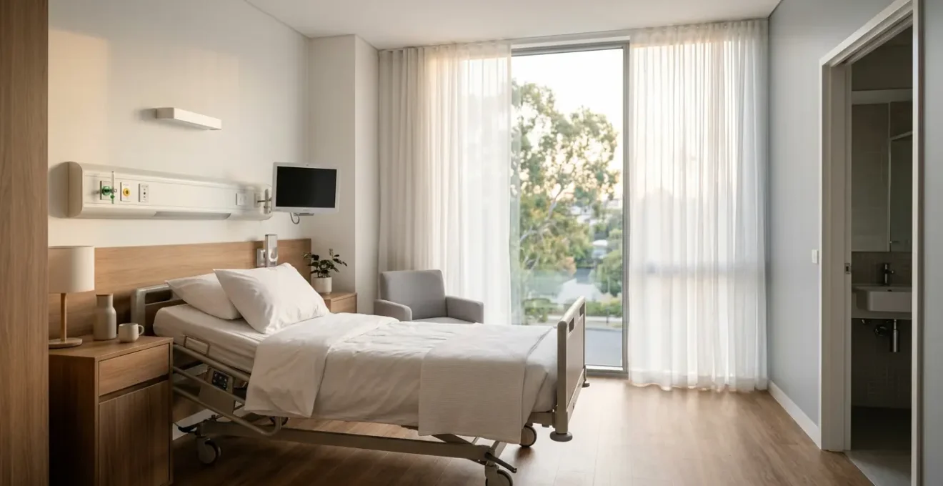 Serene private hospital room with natural light promoting patient recovery and mental wellbeing