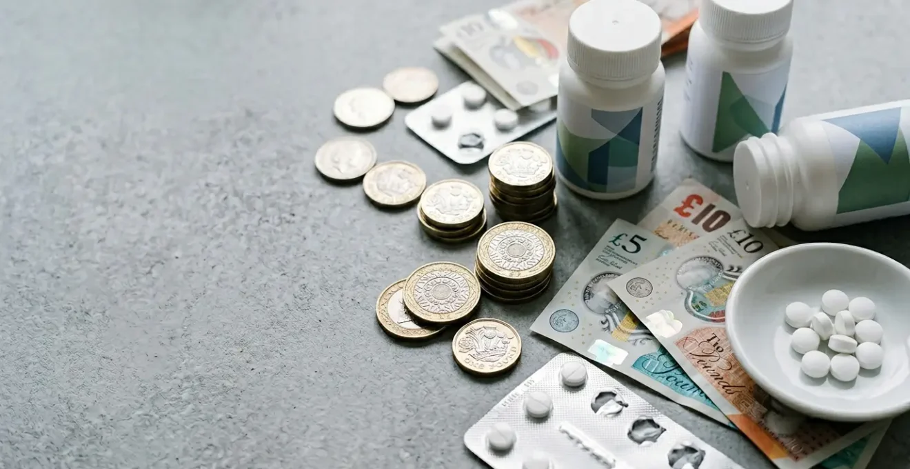 British coins and NHS prescription items arranged on clean surface symbolizing healthcare cost savings strategy