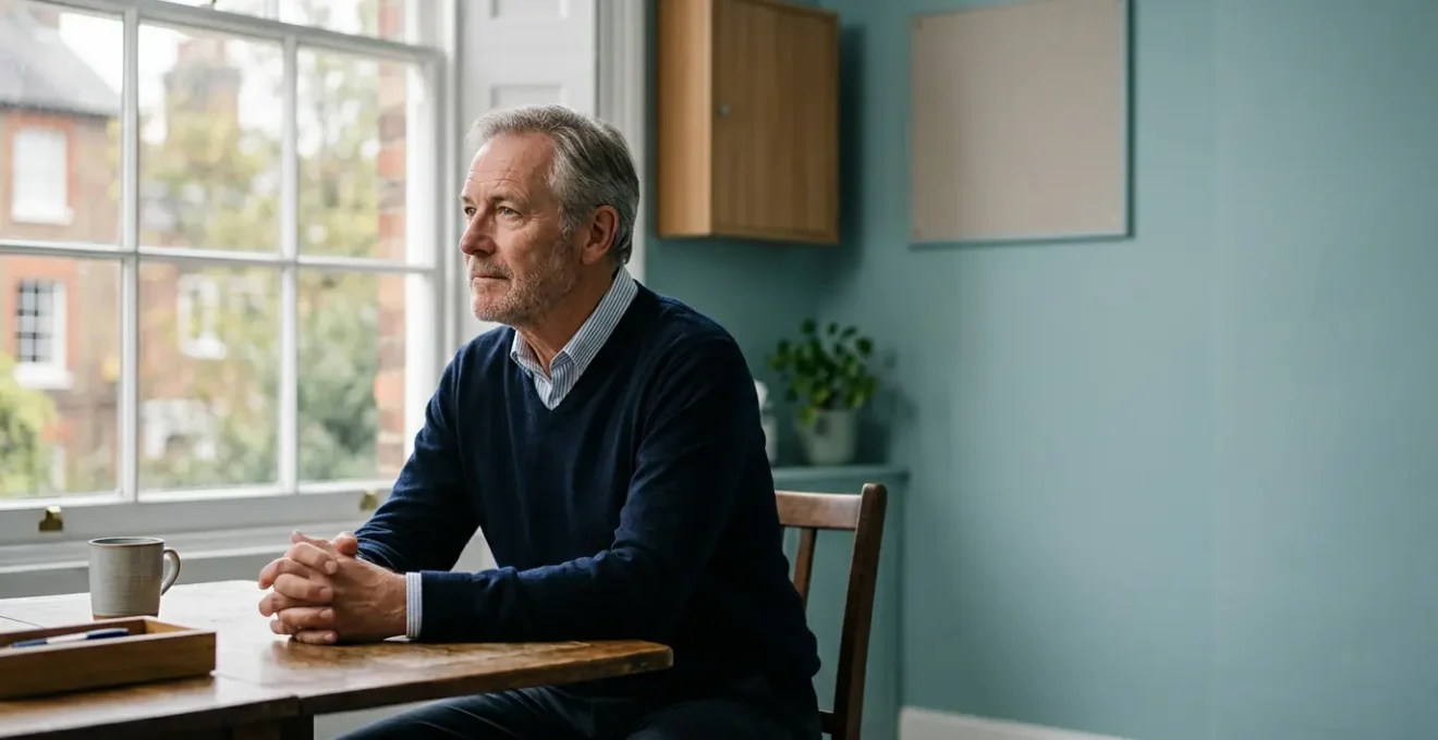 Thoughtful UK senior adult contemplating healthcare decisions with subtle NHS imagery in background