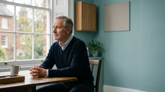 Thoughtful UK senior adult contemplating healthcare decisions with subtle NHS imagery in background