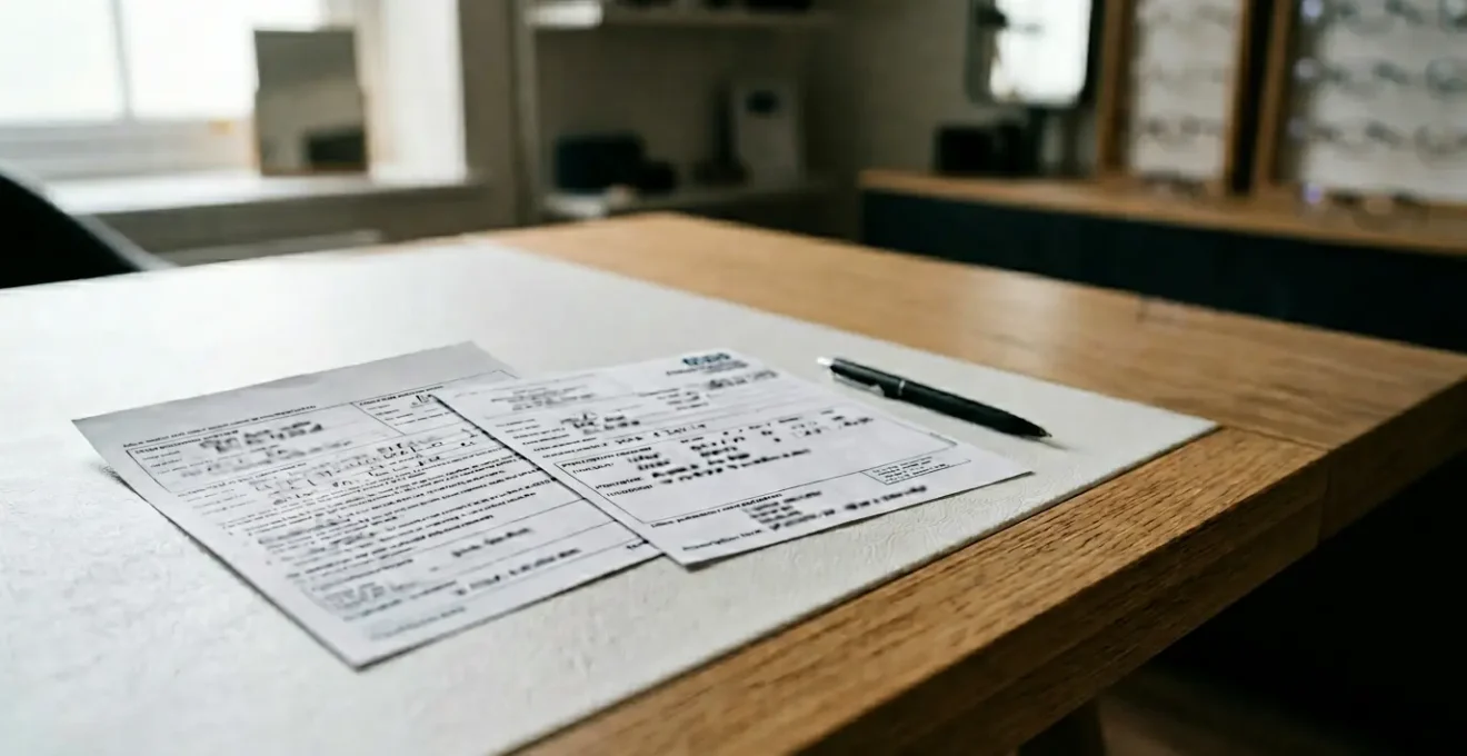 Optical prescription form and NHS voucher documentation laid on consultation table demonstrating free glasses savings opportunities