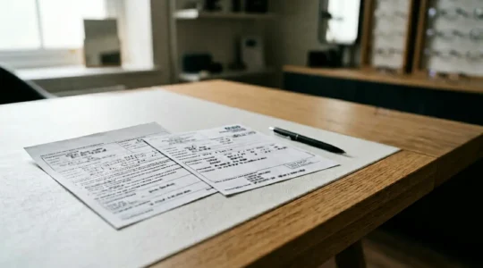 Optical prescription form and NHS voucher documentation laid on consultation table demonstrating free glasses savings opportunities