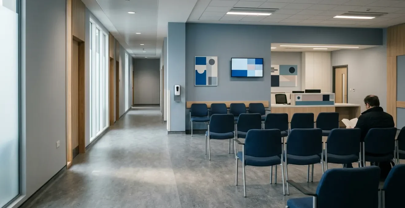 Patients waiting in a modern NHS GP surgery reception area, illustrating the healthcare access challenges in the UK