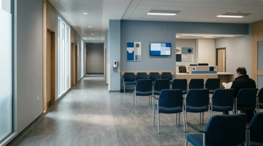 Patients waiting in a modern NHS GP surgery reception area, illustrating the healthcare access challenges in the UK