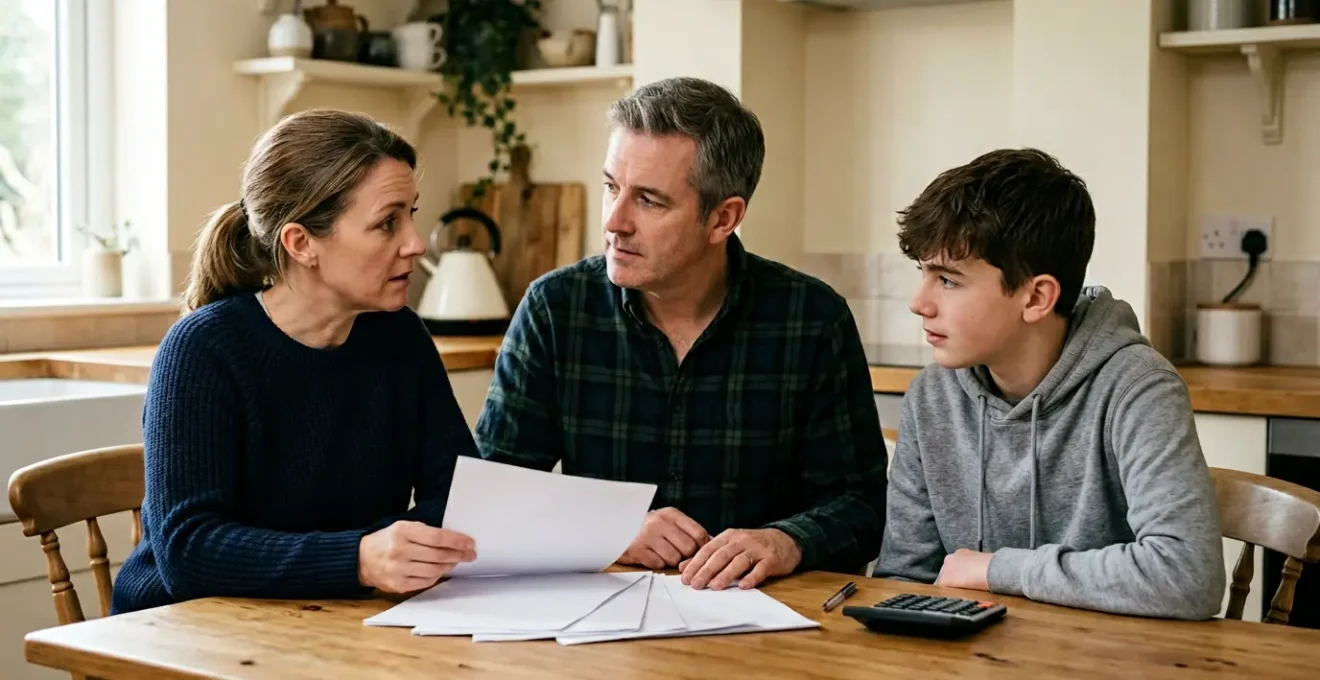 A British family reviewing financial documents at their kitchen table with natural light, contemplating health insurance decisions