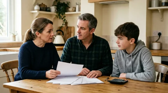 A British family reviewing financial documents at their kitchen table with natural light, contemplating health insurance decisions