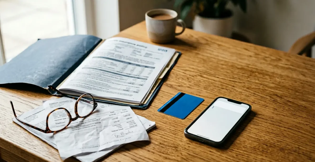 Hands reviewing health insurance policy documents with osteopathy treatment receipts on wooden desk in natural daylight