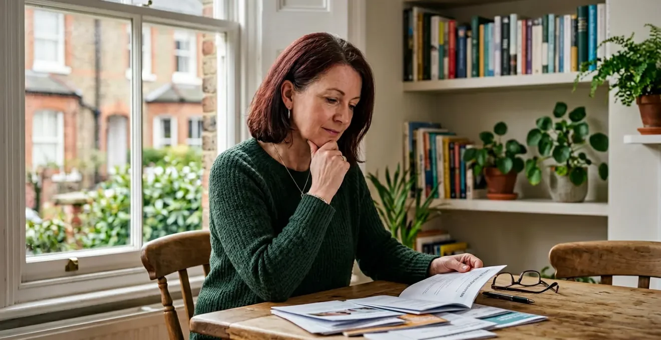 A thoughtful individual reviewing medical documents and health information in a clean, naturally lit UK setting