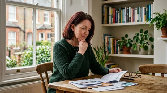 A thoughtful individual reviewing medical documents and health information in a clean, naturally lit UK setting