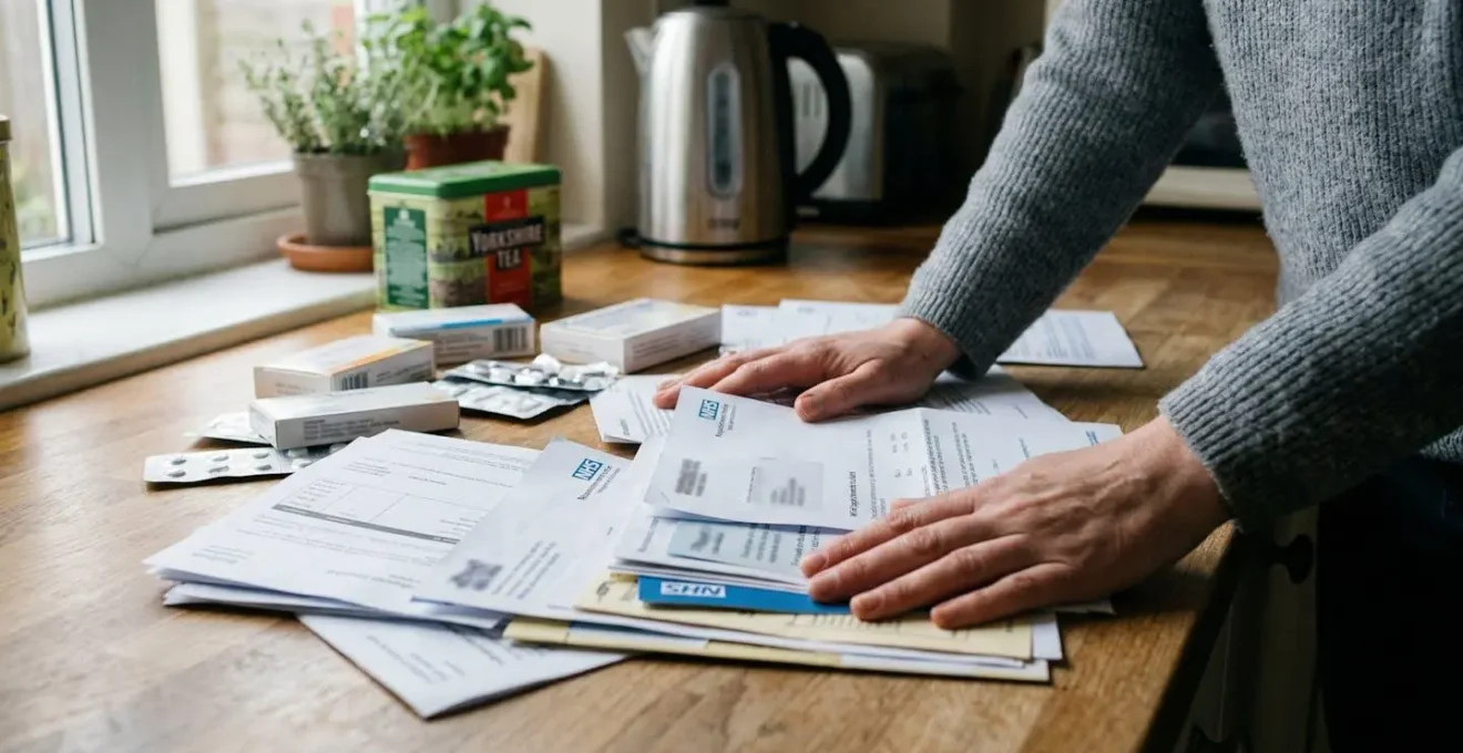 A worried UK household reviewing medical bills and NHS appointment letters on kitchen table